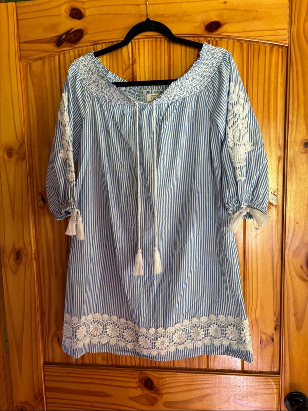crown & ivy Light Blue and White Striped Crochet-Trim Tunic